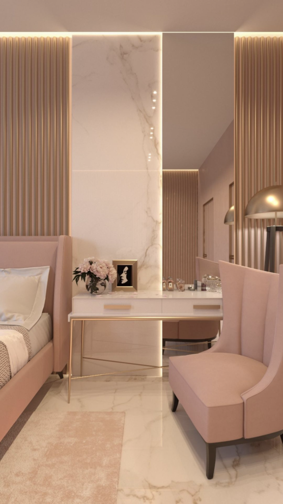 luxury pastel pink bedroom interior designers in malappuram